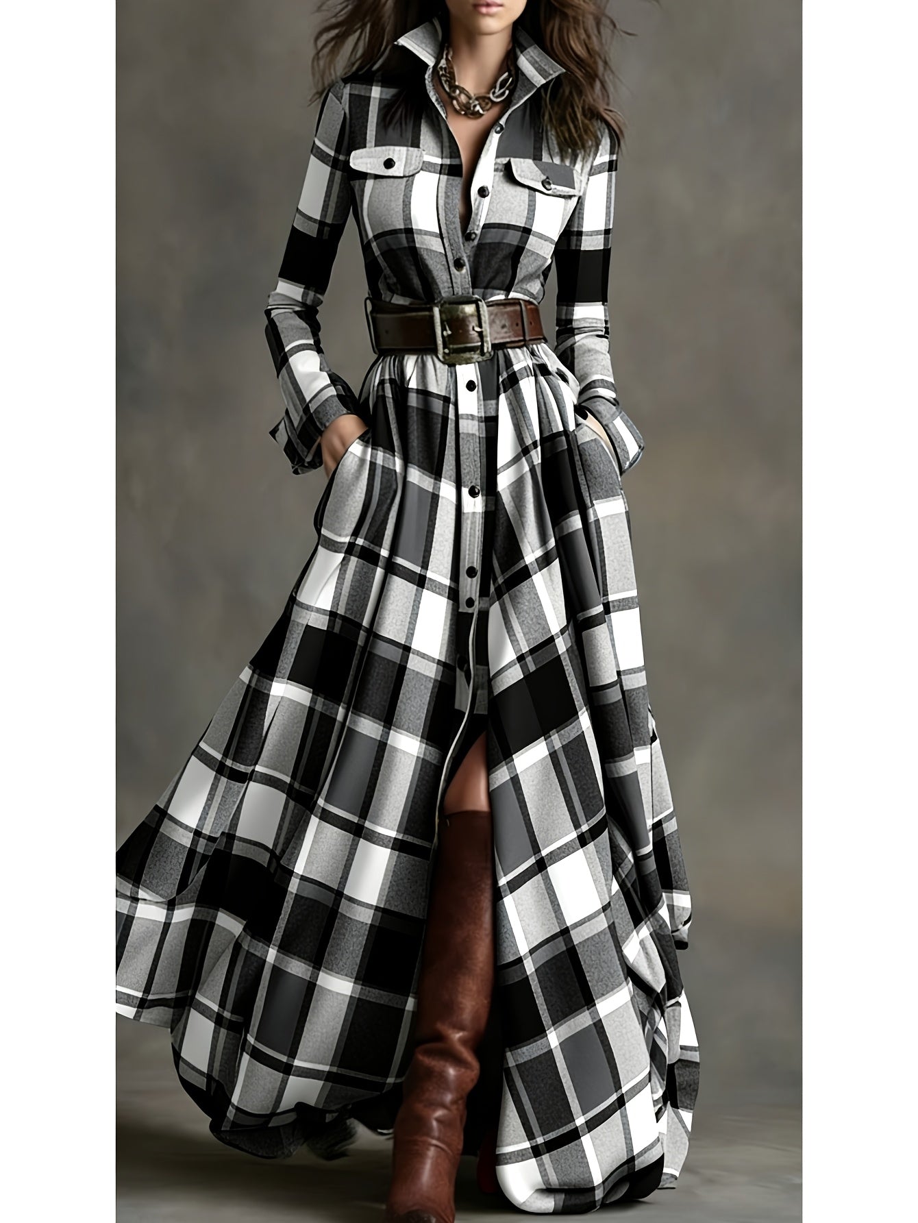 Women'S Brown, White, Black & Gray Plaid Waist-Cinched Maxi Dress | Retro Modern Style, Suitable for Daily Streetwear, Luxury Social Events, and Casual Occasions