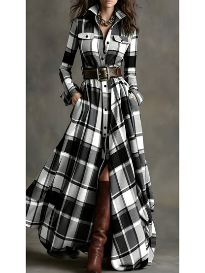 Women'S Brown, White, Black & Gray Plaid Waist-Cinched Maxi Dress | Retro Modern Style, Suitable for Daily Streetwear, Luxury Social Events, and Casual Occasions