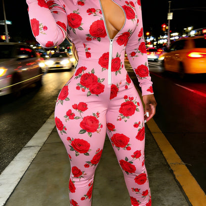 Red Rose Print Casual Women's Half Zipper Jumpsuit, Floral Pattern Casual Wear, Outdoor S Women's Long Sleeved Lapel Sweatshirt Jumpsuit, Fashionable Spring Half Zipper Slim Fit Jumpsuit, Women's Gift, Soft Fabric, Machine Wa