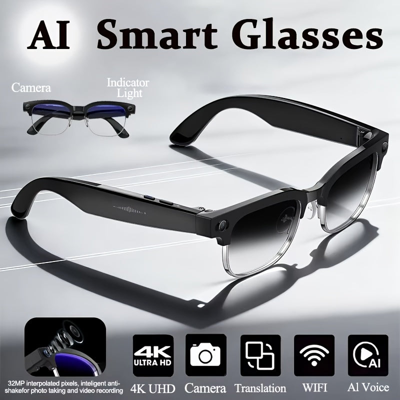 New Smart AI Glasses for Photo And Video Recording, with 800W Pixel Ultra-wide Camera, High-definition Video 1080P, Anti-shake for Photography And Video, Blue Light Blocking, Dual-mic Noise Reduction, AI Voice Control, Wi-Fi