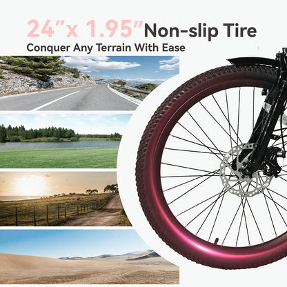 Cruiser Electric Bike For Women, 500W Motor 36V/10.4Ah Removable Battery, 25-40 Miles 20MPH, 24 Inch Electric Bike High-Carbon Steel Frame, 7-Speed With Front Basket -Beach Commuter Ebike For Adults, Ebike With Basket, Sakura