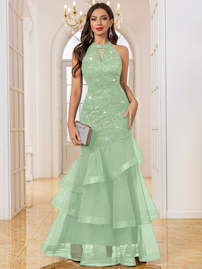 24483A Women's Elegant Halter Neck Sleeveless Sequin Lace Mesh Layered Ruffle Trim A-Line Fitted Wedding Party Bridesmaid Dress Evening Gown Maxi Dress