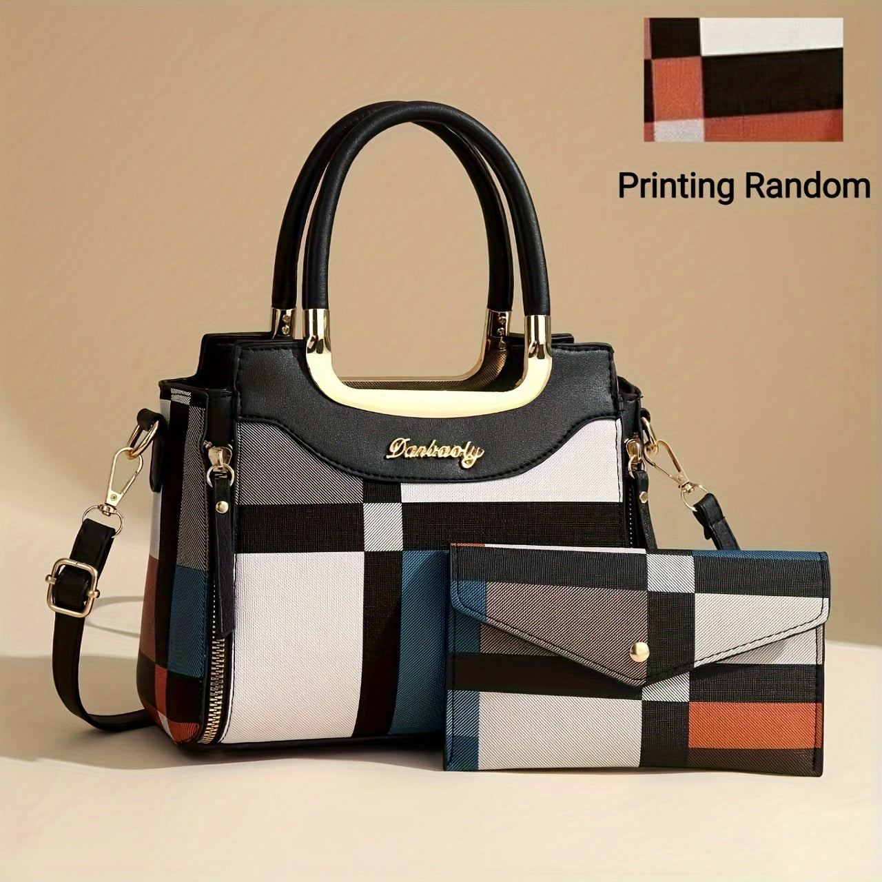 2pcs Set Fashion Plaid Handbag for Women, Zipper Closure, Polyester Lined, Edge Painted, Random Pattern, Versatile Colors - Black, White, Red, Purple, Earthy Yellow