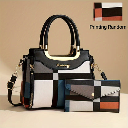 2pcs Set Fashion Plaid Handbag for Women, Zipper Closure, Polyester Lined, Edge Painted, Random Pattern, Versatile Colors - Black, White, Red, Purple, Earthy Yellow
