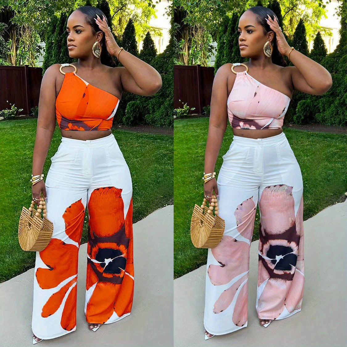 D9738 Women'S Y2K Fashion Floral Print One-Shoulder Slim Fit Wide-Leg Pants Two-Piece Set - Sexy Spring/Fall Outfit, Spring Fashion|Sleek Shoulder Design|Polyester Fabric