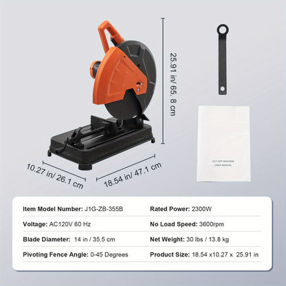 Happybuy 14" Abrasive Chop Saw - 2300W, 3600RPM, Adjustable Angle Miter Saw for Metal Cutting, Ideal for Steel/Rebar/Iron/Aluminum, Includes Safety Warning Sticker