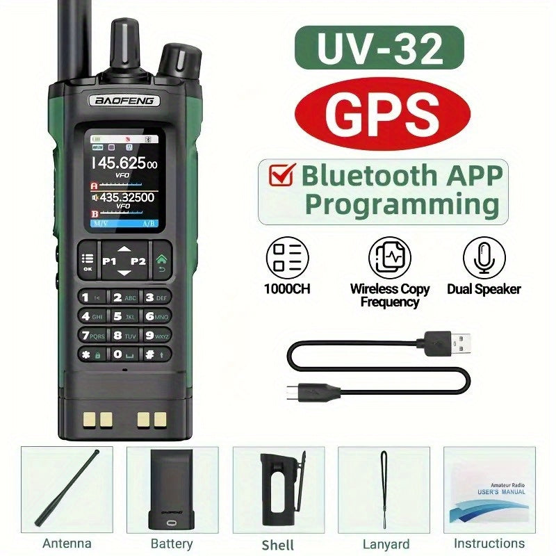 BAOFENG UV-32 Long Range Walkie Talkie, Dual-Purpose Radio GPS 10W Long Range Handheld NOAA Weather Receiver Rechargeable Dual-Purpose Radio with GPS, AM, Copy Frequency, USB-C Rechargeable Battery for Camping and Hiking, Two