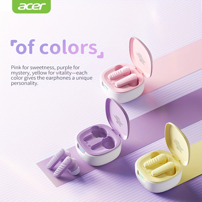 [ACER Official Authentic Product] TWS Wireless Earbuds Deep Bass Stereo Sound Cute Macaron Colors Extra-Long Battery Life In-Ear Design for Sports/Running Low-Latency Gaming Mode Hi-Fi Audio Lightweight Touch Control Stylish