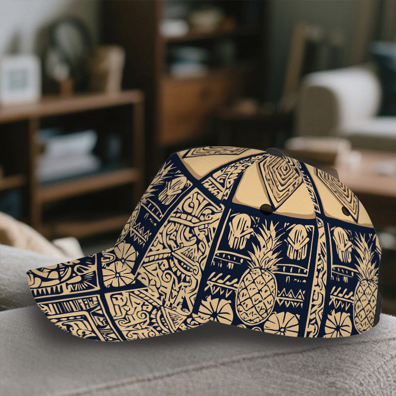 1pc Vibrant Tropical Tribal Symbols Baseball Cap - Adjustable, Comfortable, Lightweight Duckbill Hat with Intricate Pineapple & Leaf Design, Perfect for Outdoor Activities, Casual Headwear|Vibrant Headgear|Polyester Cap
