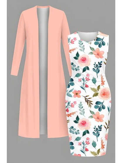 Plus Size, [Hot Item, Plus-Size Dress 2pcs Set] Fashionable, Elegant, and Classy Long Cardigan + Cinched-waist Long Dress Set. A Versatile Casual Outfit Perfect for Holidays, Creating Multiple Styles with One Set. Available i