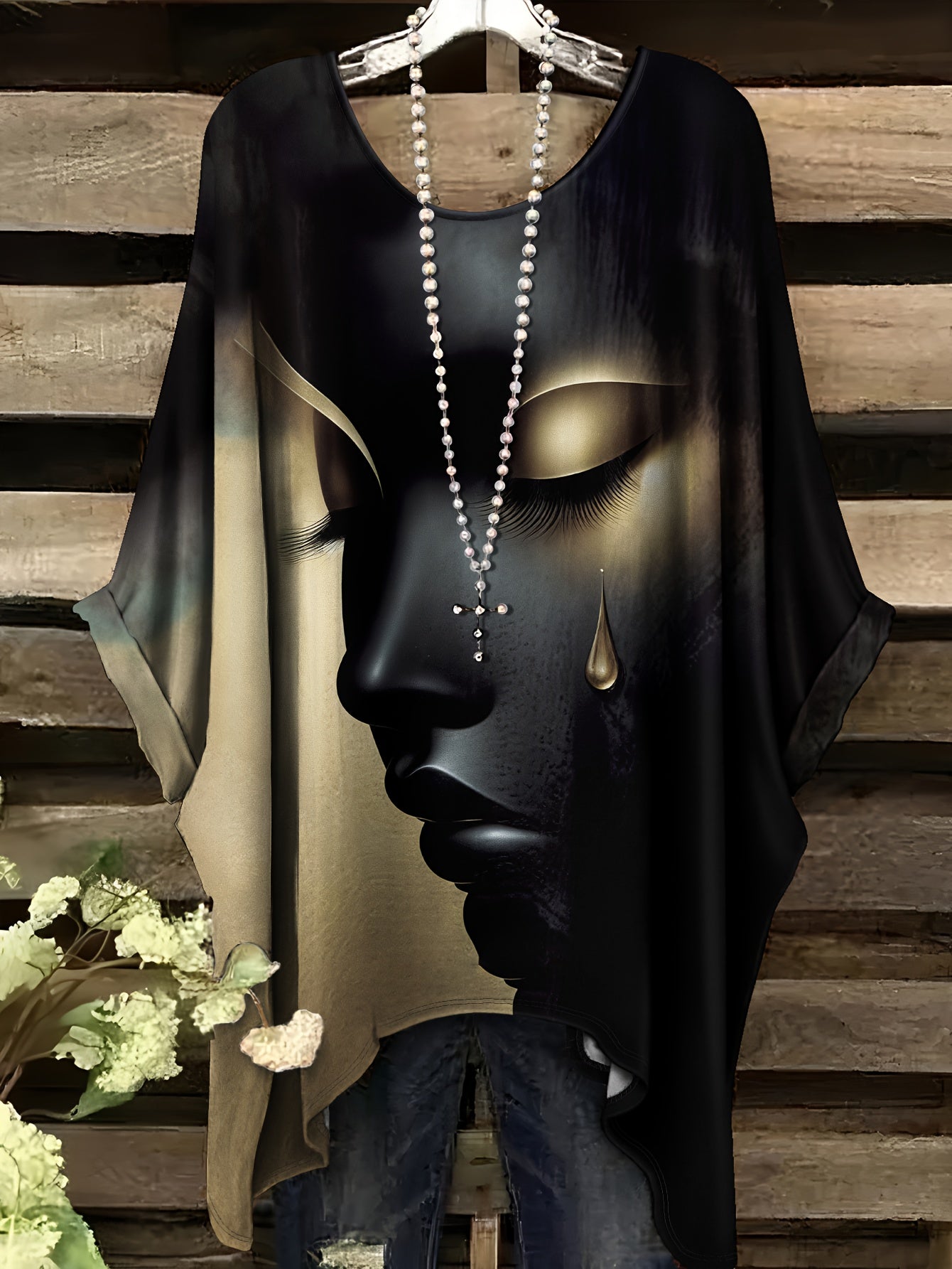 Plus Size - Casual Elegant Comfortable Crew Neck Short Sleeve T-Shirt | Large Size, Tearful Dream Portrait Print, No Accessories