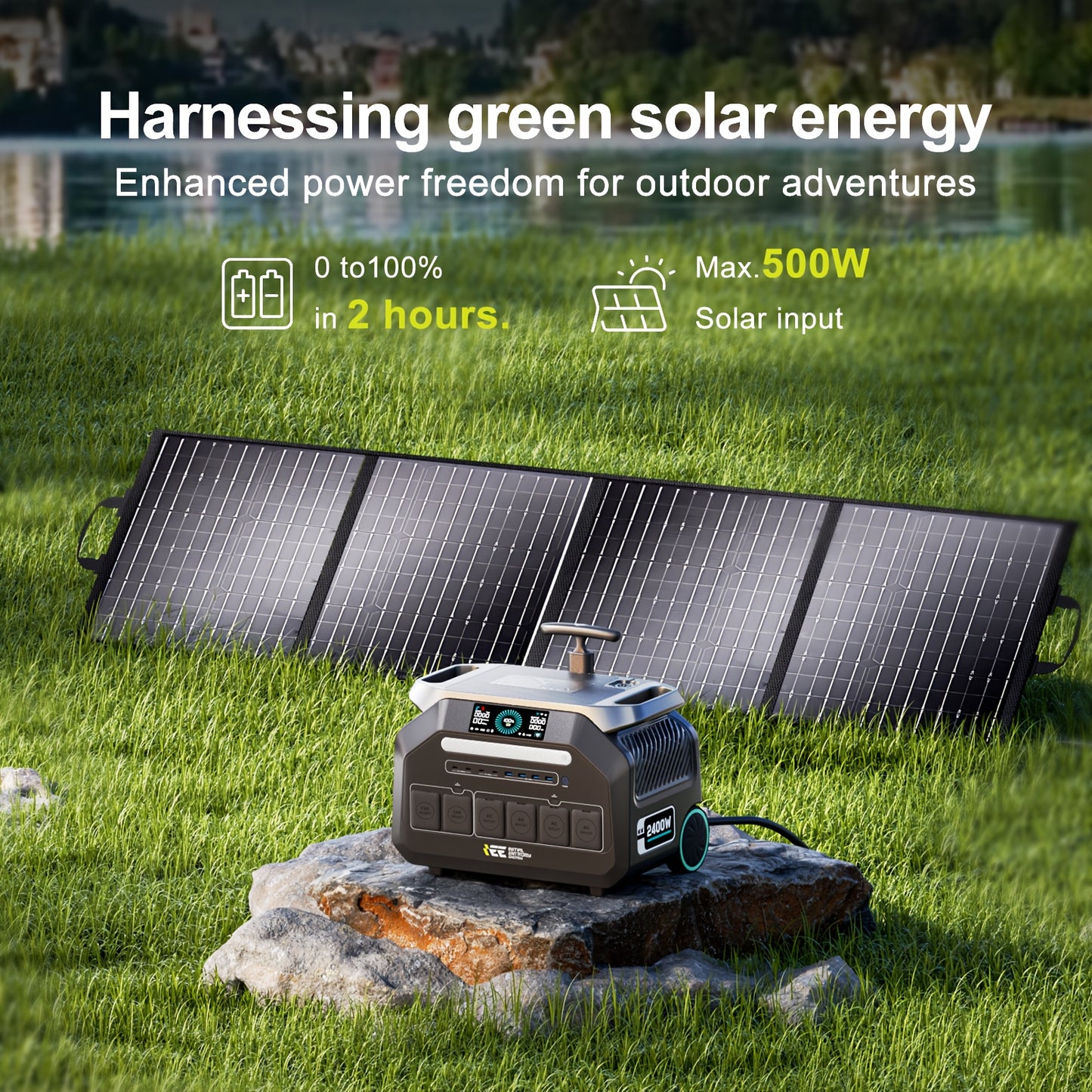 IEE 2400W Portable Power Station P2400 with 1pc 200W Solar Panel, 2048Wh Solar Generator, 1800W AC Charging, AC Outlets X 4, LiFePO4 Battery Power Station for Home Backup, Camping, RV, Emergencies, Portable Power Station with