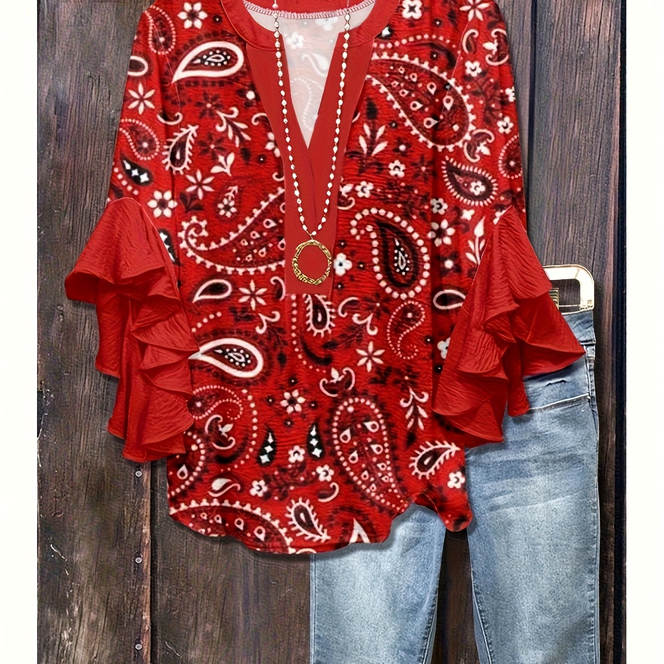 Plus Size - Plus-Size Women'S Paisley Print Ruffled Sleeve Stylish Casual Round Neck Autumn Shirt