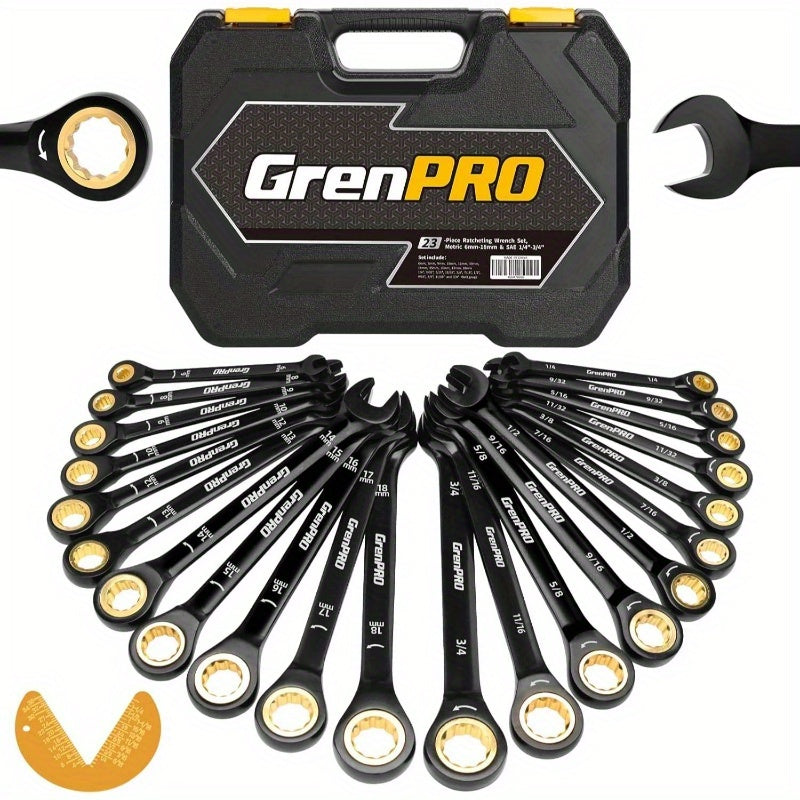 23pcs SAE Metric & Standard Ratcheting Wrench Set with Organizer Box - 1/4" to 3/4" Drive, Electrophoretic Coating, Open End Wrenches for Mechanics, Automotive Repair Tools, Mechanic Tool Set|Ratcheting Wrenches|Durable Const