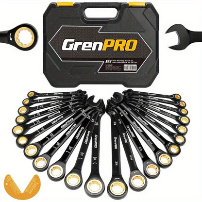 23pcs SAE Metric & Standard Ratcheting Wrench Set with Organizer Box - 1/4" to 3/4" Drive, Electrophoretic Coating, Open End Wrenches for Mechanics, Automotive Repair Tools, Mechanic Tool Set|Ratcheting Wrenches|Durable Const