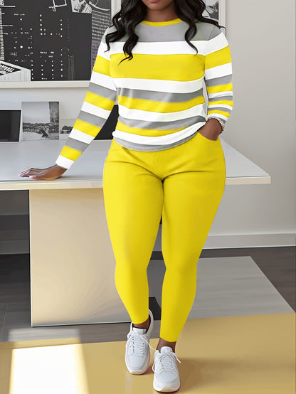 Unique Women's Striped Casual Set- Green And White, Long Sleeve Round Neck Top And Pants with Pockets, Weight Polyester Blend, Machine Washable, Comfortable Clothing| Pants| Polyester Blend