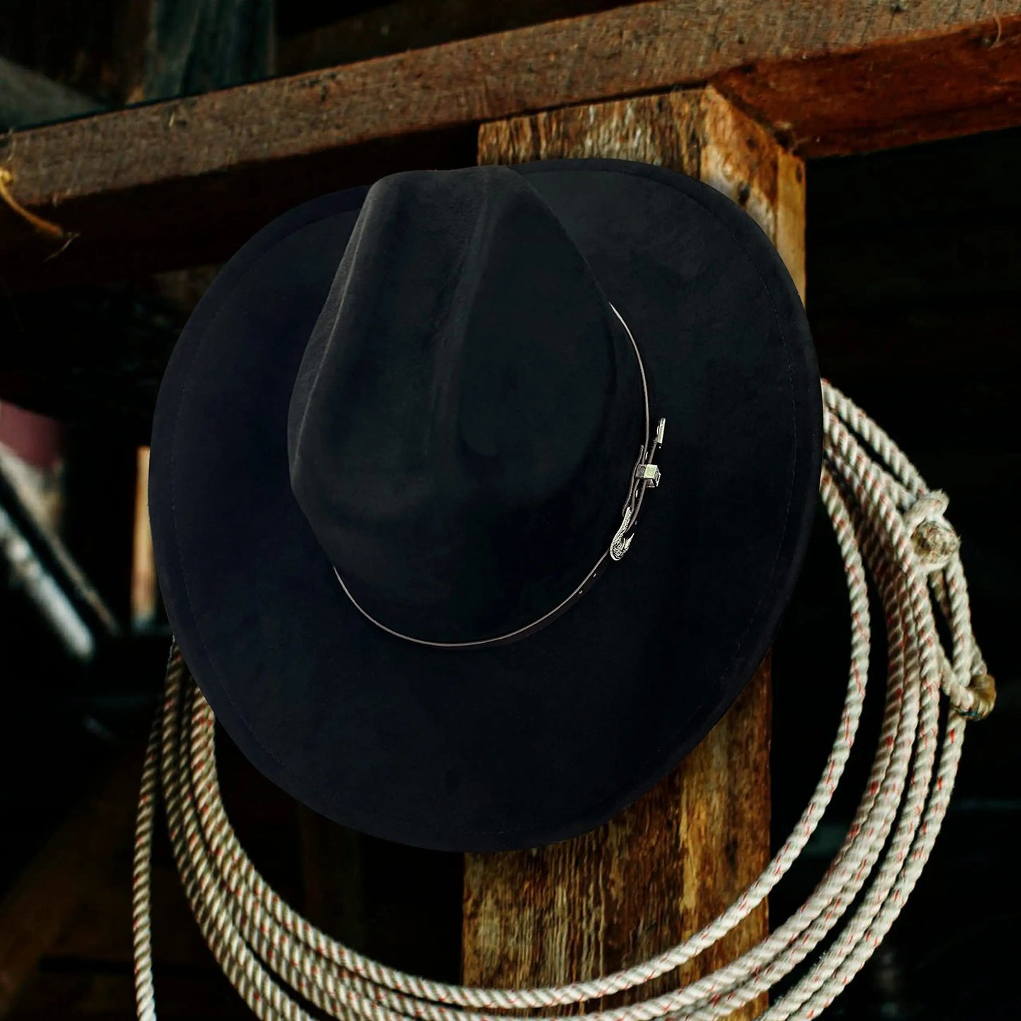 3pcs Western Hat Set with Decorative Leather Strap & Adjustable Metal Buckle - Classic Wide Brim Cowboy Hat, Unisex Black Western Hat for Men & Women, 100% Polyester Felt Material, Hand Washable - Western Costume Party, Cowbo