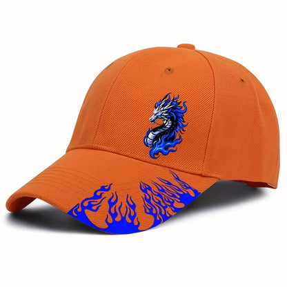 1pc Black Baseball Cap with Blue Flame Dragon Print - Adjustable Street Style Outdoor Sports Hat for Men, Curved Brim Design, Casual Streetwear Accessory | Flame Motif Cap | Adjustable Baseball Cap