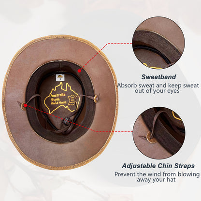 Shapeable Leather Cowboy Hat Into Outback Hat Western Vintage Australian Hats for Men & Women, Festival Unisex Outdoor, High Quality &, Handcrafted Headwear-Stitching, Lightweight Top-Grain Leather, Brass Studs, Adjustable Ch