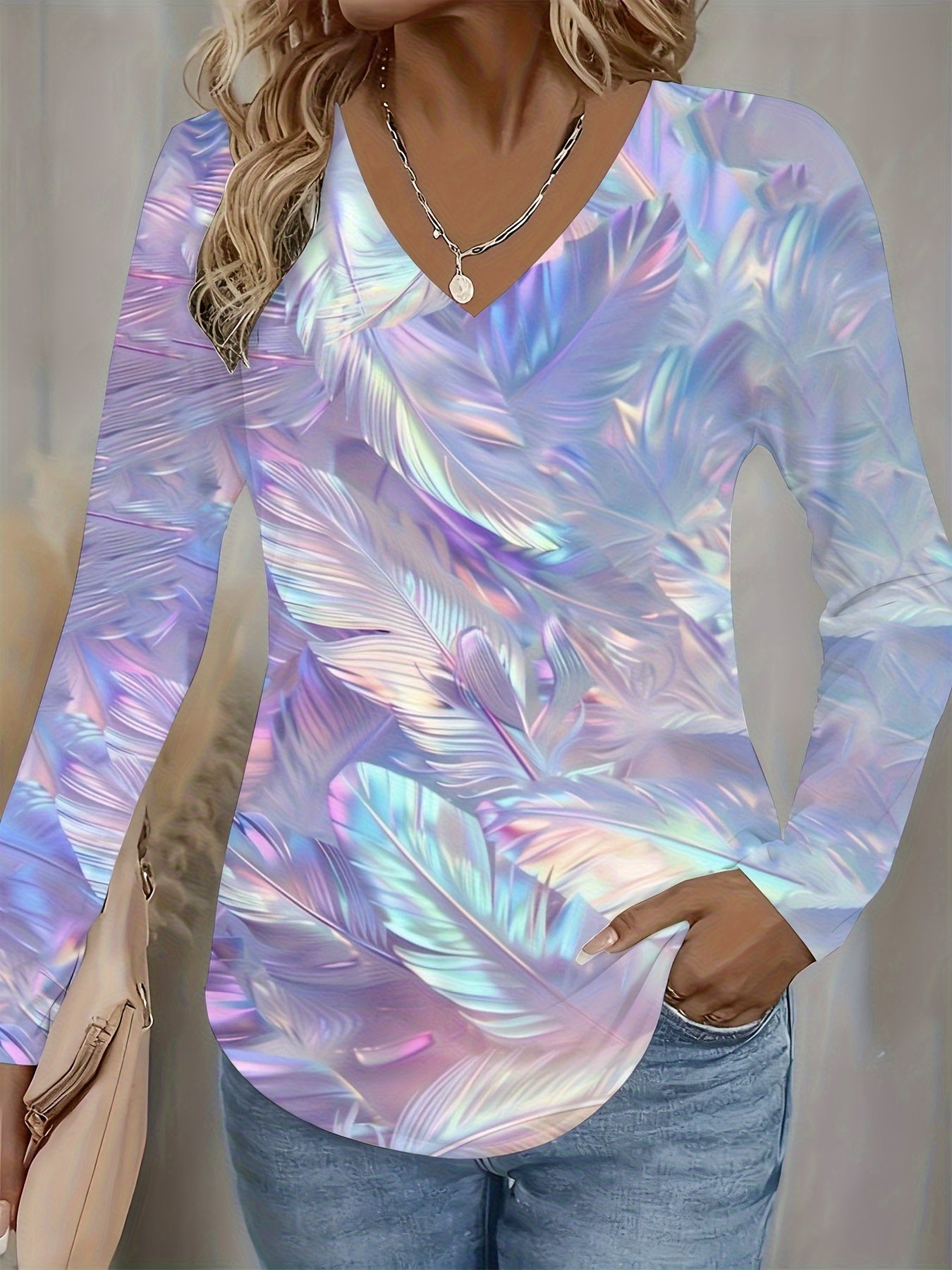 Ladies' Shimmering Iridescent V-Neck Long Sleeve Tee - Sparkling Multicolor Pastel Blouse in Pink, Purple, Blue, Green, And White, Suitable for All Seasons And Parties, Machine Washable - Similar to a Layered Top