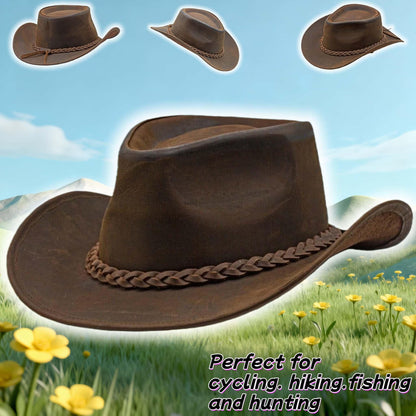 Men & Women Brown Genuine Leather Western Cowboy Hat – Classic Outdoor Riding & Ranch Style Headwear for Travel, Festivals, Horseback Riding, Camping, Hiking & Country Events – Perfect Gift for Thanksgiving, Christmas, Ne