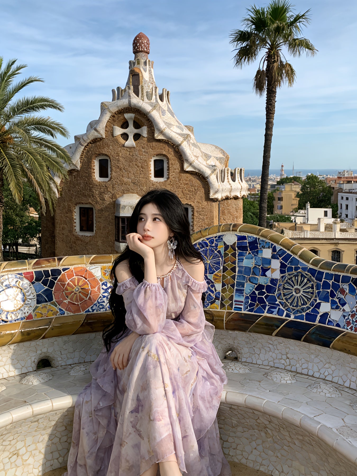 French Style Halter Neck Off-the-Shoulder Floral Chiffon Dress for Women, Super Fairy Waist-Cinched Flowy Maxi Dress with Gentle & Feminine Vibe for Spring And Summer; Irregular Ruffled Waist-Cinched Long-Sleeve Printed Maxi