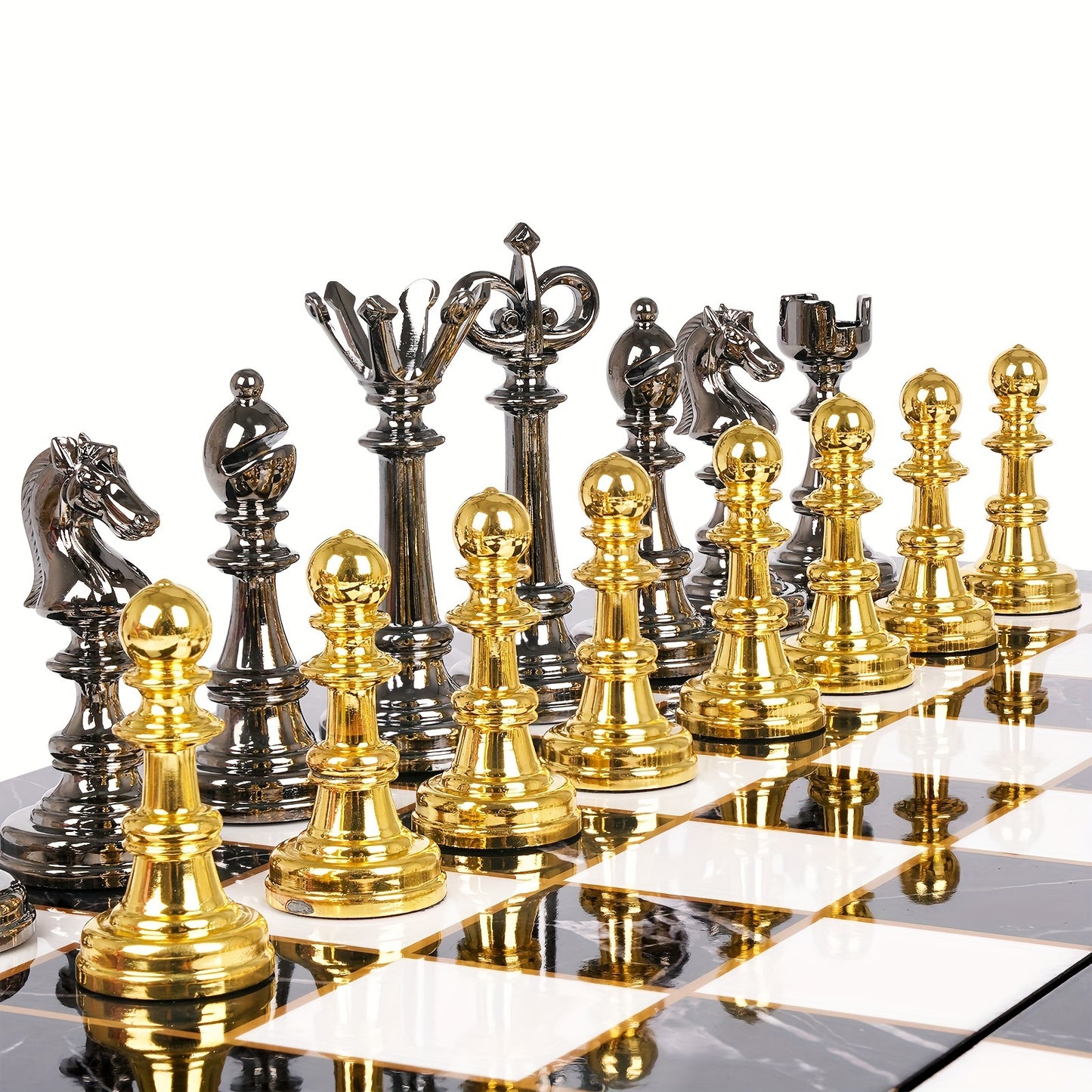 2-in-1 Metal Chess & Checkers Set with 15-Inch Portable Folding Wooden Board - Elegant Golden & Strategy Game with Storage Box, Durable Metal Pieces & Wooden Board for Adults, Travel-Friendly Chess and Checkers Game for Home,