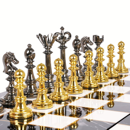 2-in-1 Metal Chess & Checkers Set with 15-Inch Portable Folding Wooden Board - Elegant Golden & Strategy Game with Storage Box, Durable Metal Pieces & Wooden Board for Adults, Travel-Friendly Chess and Checkers Game for Home,