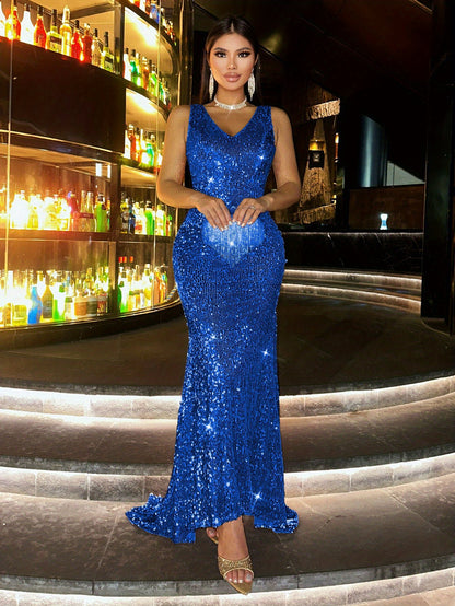 New Sequin Women's Long Dress, Gorgeous Elegant Evening Party Formal Wear Slim High-Waisted Off Shoulder Backless Bridal Wedding Guest Outfit for Travel Music Festival Banquet