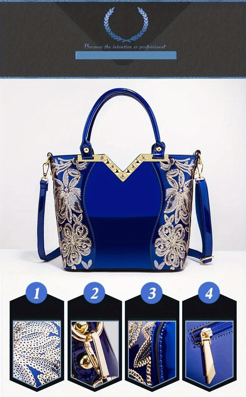 Designer Floral Embroidery Patent Leather Handbag for Women, Large Capacity Shoulder Tote with Zipper Closure, Polyester Lined, Paint Detail, Party Bag