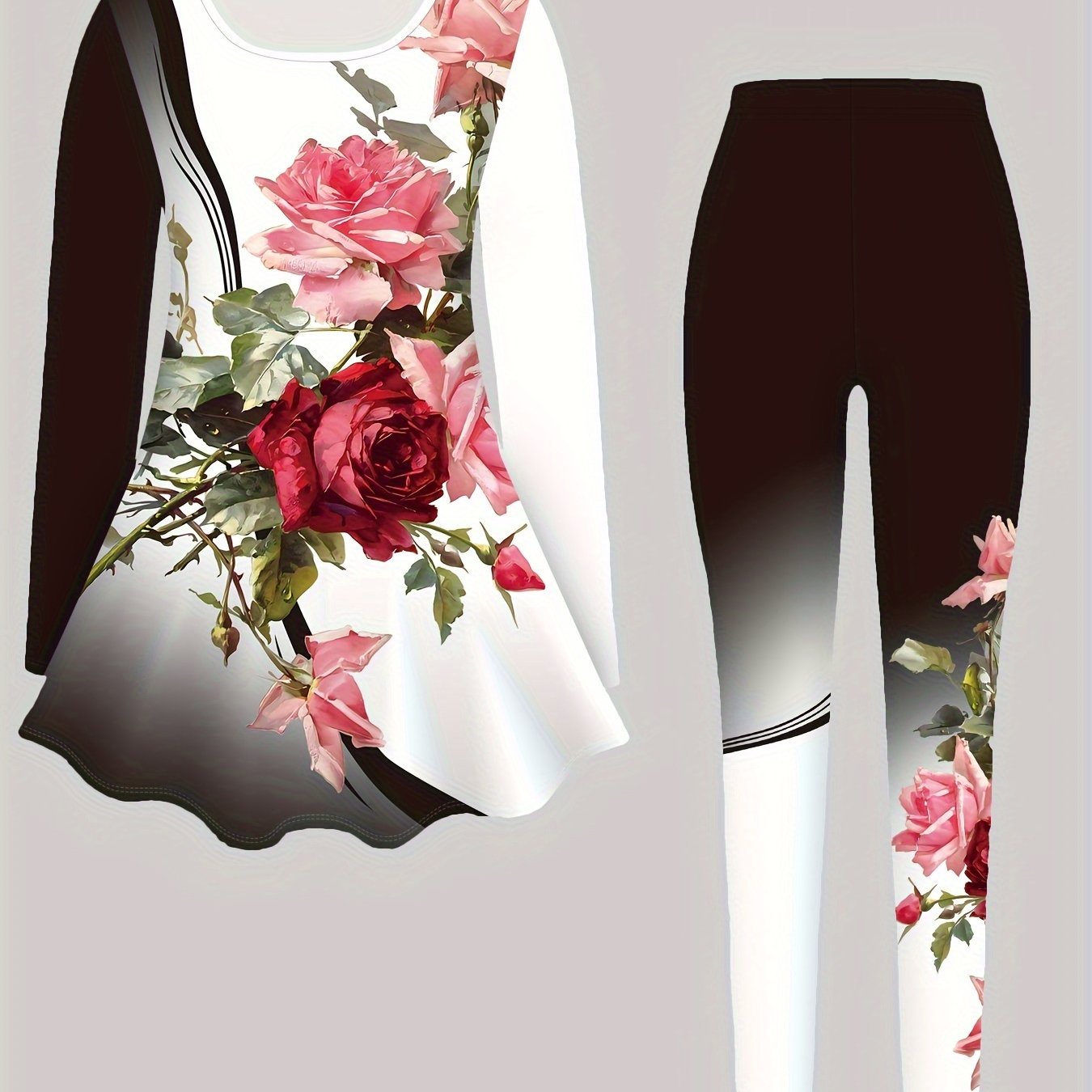 Women's Casual Floral Print Two-Piece Set- Weight Long Sleeve Top And Stretch Leggings, Machine Washable, Color Block, Autumn Spring