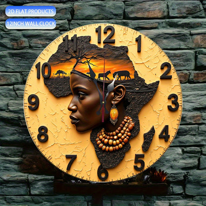 2D plane 10-inch silent quartz wall clock, African design, circular manufacturing, wood simulation display, battery-powered (AA batteries not included), suitable for home decoration, suitable for living room, kitchen, dormito