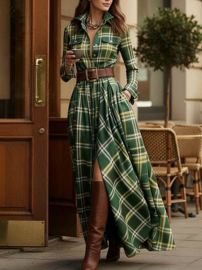 Dark Green Checkered Waist-Defining Shirt Dress for Women | Vintage British Casual Style, Suitable for Everyday Outings, Light Social Occasions, and Spring/Fall Seasons
