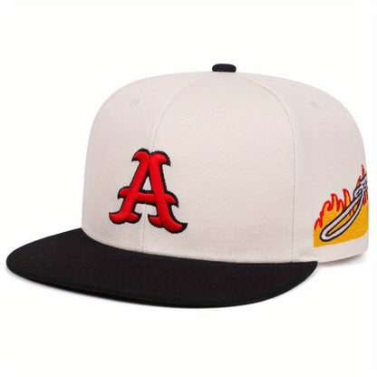 [Lightweight Design] Stylish Snapback Caps with Red 'A' Emblem & Flame Motif - Sporty Design, Trendy Appeal, Polyester Material, Black & White Color Scheme, Casual Headwear | Trendy Snapback | Durable Headgear