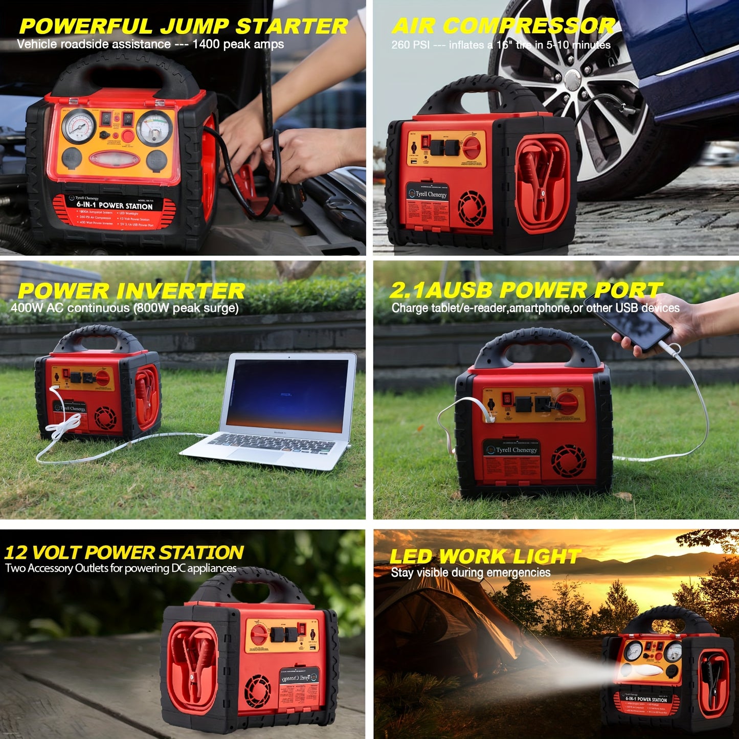 1800 Amp Portable Power Station & Car Jump Starter with Air Compressor - Heavy-Duty 260 PSI Tire Inflator, 400W AC/DC Inverter, 2.1A USB Port, Dual Power Outputs, Battery Clamps Included for Emergency, for Backup, USB- Operat
