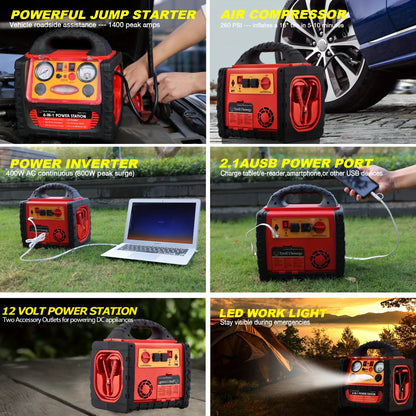1800 Amp Portable Power Station & Car Jump Starter with Air Compressor - Heavy-Duty 260 PSI Tire Inflator, 400W AC/DC Inverter, 2.1A USB Port, Dual Power Outputs, Battery Clamps Included for Emergency, for Backup, USB- Operat