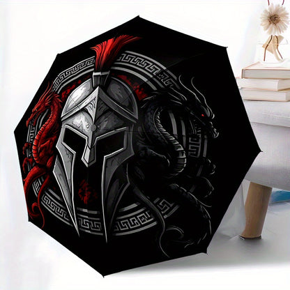 Spartan Warrior 2 Automatic Folding Umbrella - 8-Rib Durable Windproof Design, Portable Travel Umbrella with Red & Black Spartan Warrior Artwork, Ideal Gift for Men, Travel Umbrella, Gift Item, Bold Graphic Design, Sturdy Con