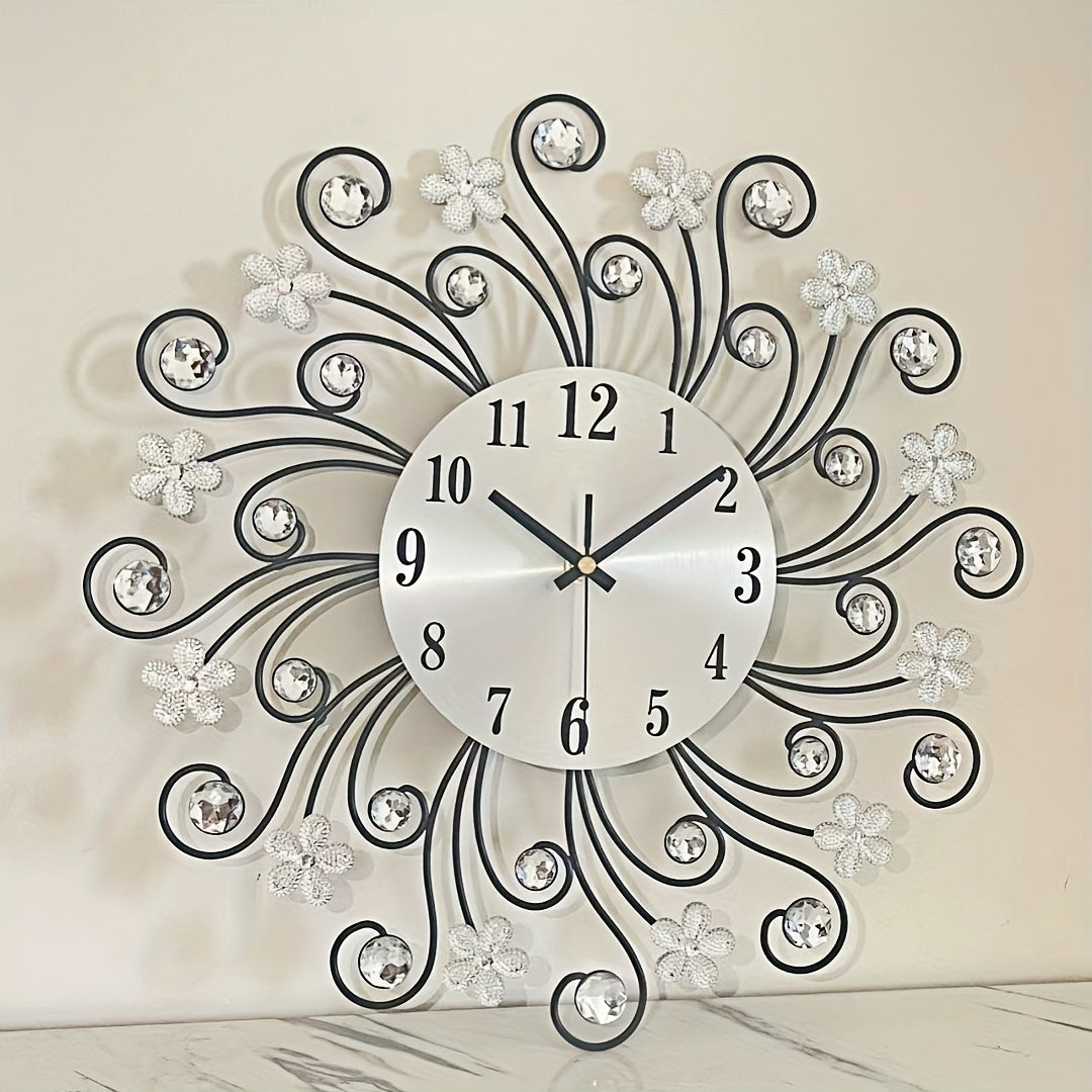 1pc Silent Luxury Wall Clock with Floral Design - Golden Metal Frame, Black Hands, Ideal for Living Room, Bedroom, Study, Entrance & Dining Room Decor - Perfect Mother'S Day or Housewarming Gift, Clock Wall Decor