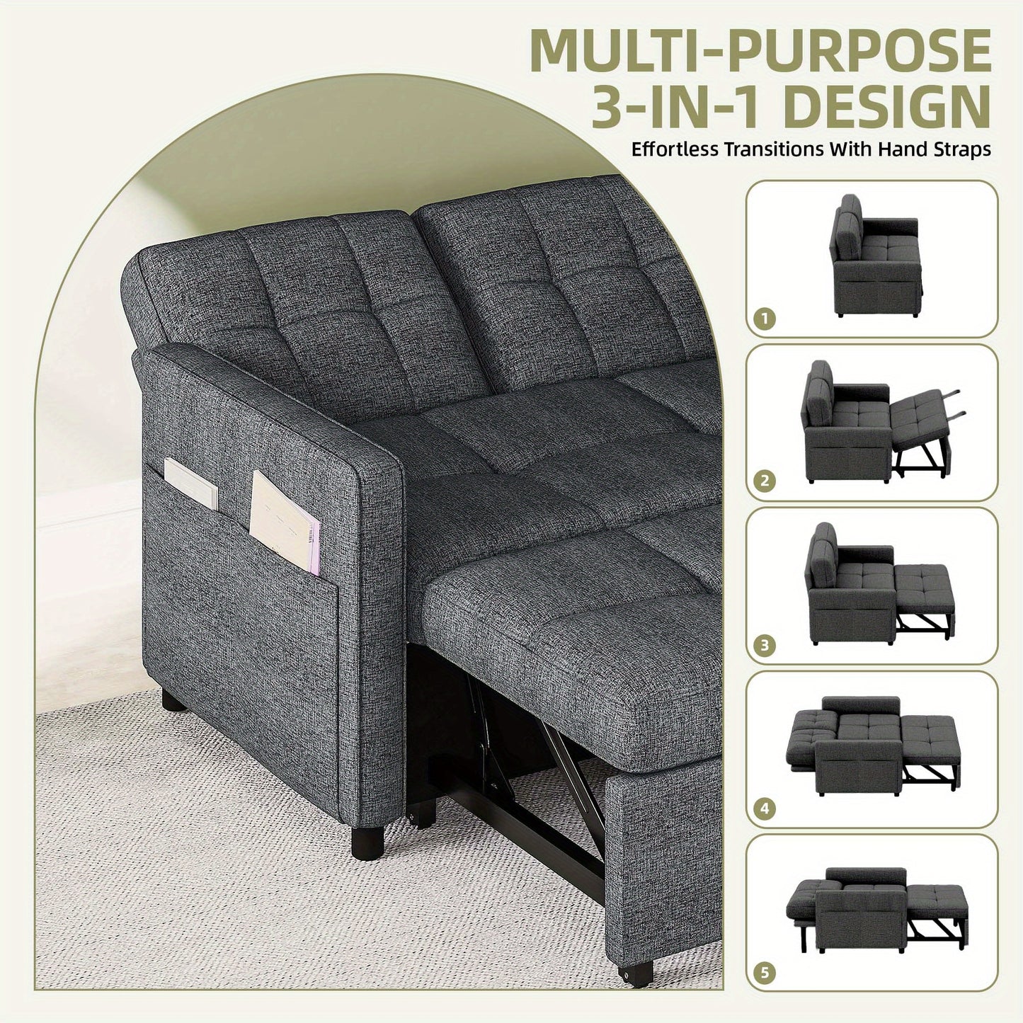Sablyme 3-in-1 Convertible Sleeper Chair Sofa Bed, Convertible Sofa Bed with Pull- Out Bed, Adjustable Pull-Out Sleeper with Multi-Pocket Folding Design, Linen Fabric Sofa with Side Storage Pockets And Adjustable Backrest, fo