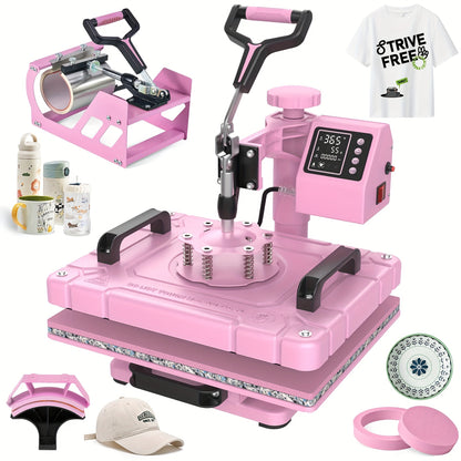 5-in-1 Heat Press Machine, 12x15 Inch Multifunctional Heat Transfer Combo With 360° Swing Away For T-Shirts, Mugs, Hats, Plates, And Caps