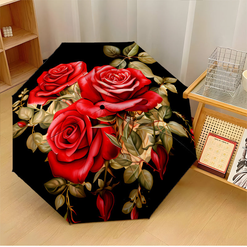 Automatic Open/Close Umbrella with One-Touch Button - Burgundy Rose & Black Automatic Folding/Unfolding Umbrella for Men & Women, 8-Rib Windproof Compact Travel Umbrella with Red/Golden/Green Floral Design, Portable for Commu