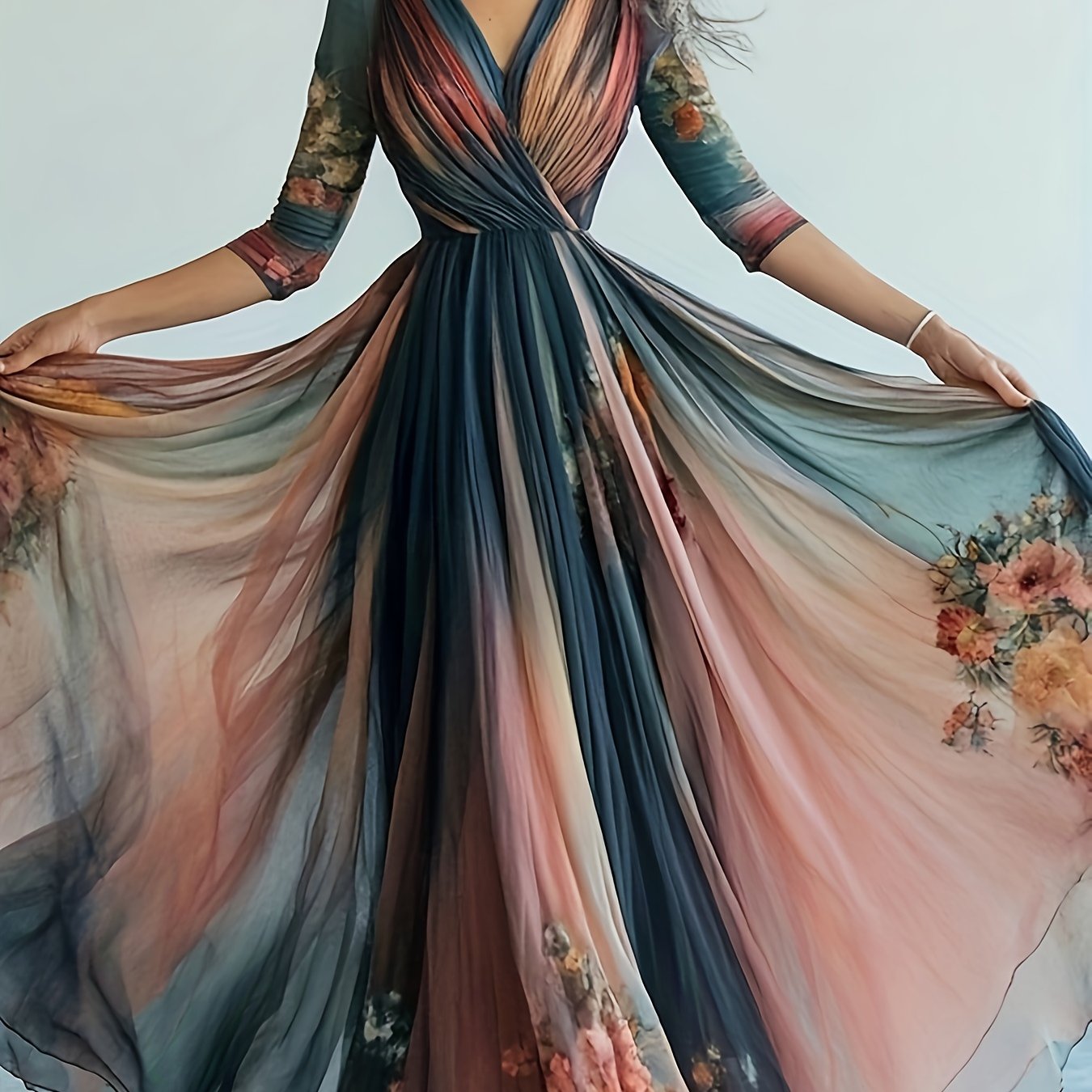 Women'S Bohemian Floral Print Maxi Dress - Elegant Long Sleeve A-Line Plus Size Dress with Puff Sleeve & Floor-Length Hem, Soft Comfortable Fabric for Weddings, Parties, Casual Outfits - All-Season Flowy Formal & Casual Attir