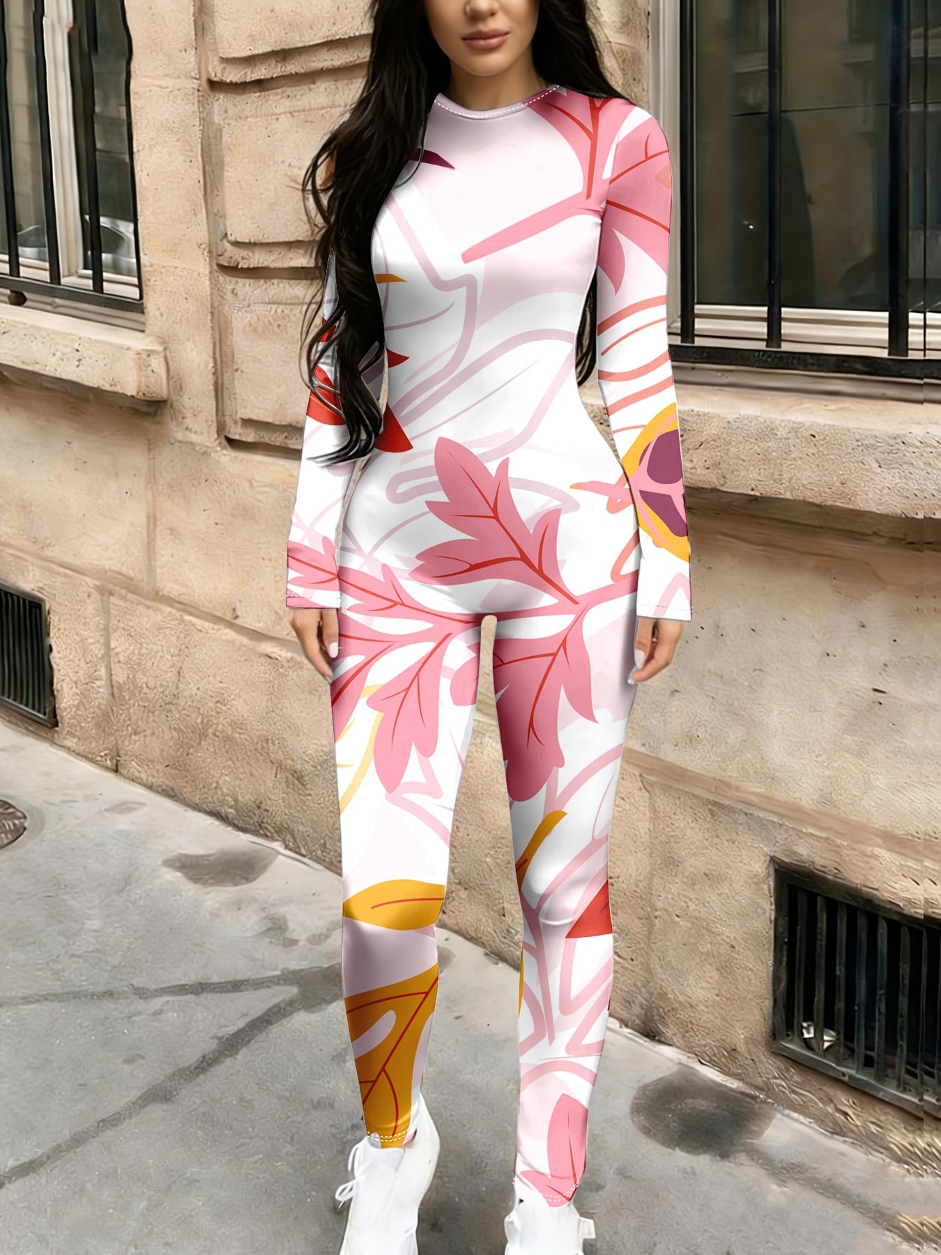 Casual Fashionable Sexy Long Sleeved Tight Fitting Jumpsuit Autumn Women's Trendy Printed Jumpsuit Top Women's Clothing
