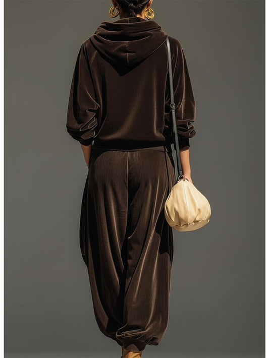 2pcs Women's Retro Hooded Sweatsuit & Cuffed Pants - Cozy Pocketed Oversuit, Hand Washable Winter Matching for Lazy Days, Vintage Loose Fit for Commuting or Lounging (No Stretch)