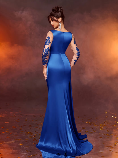 Elegant Long Ladies' Gown with Lace Detail | Solid Color, Contrast Mesh, Long Sleeve, Gown Hem, Ideal for Christmas, Birthday, Graduation, Travel