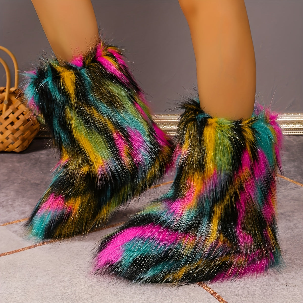 Women's Ankle Boots, Short Boots, Furry Boots European & American Style New Winter Collection Women's Outdoor Faux Fur Boots Faux Fox Faux Fur Boots