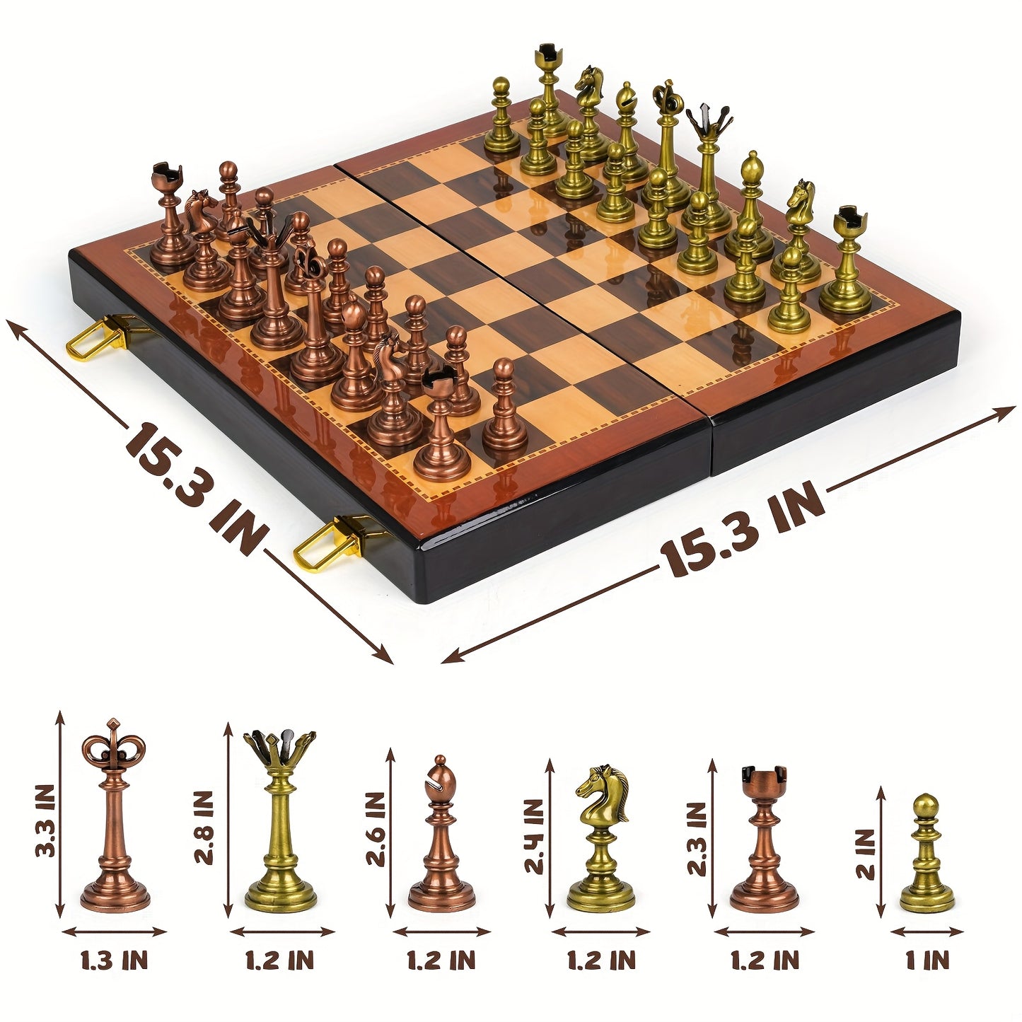 Vintage Metal Chess Set For Adults, 15" Wooden Chess Board With Metal Chess Pieces Travel Chess Set With Retro Chessmen, Collectible Elegant Chess Game, Family Vintage Board Game