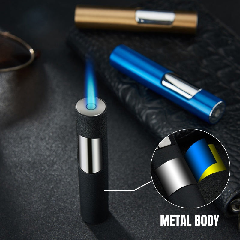 Stylish Push Lighter Designed for Outdoor Use, Featuring a Windproof Design And a Straight Blue Flame. This Mini Portable Spray Torch Is Refillable with Butane Gas And Has an Adjustable Flame. It'S an Ideal Gift for Your Boyf