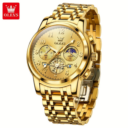OLEVS Men's Luxury Multifunctional Quartz Watch - Stainless Steel Luminous Analog Watch with Moon Phase, Chronograph, Date/Day/24H Indicator, Golden-Tone & Bracelet for Business, Casual, Casual Attire - Dress Watch