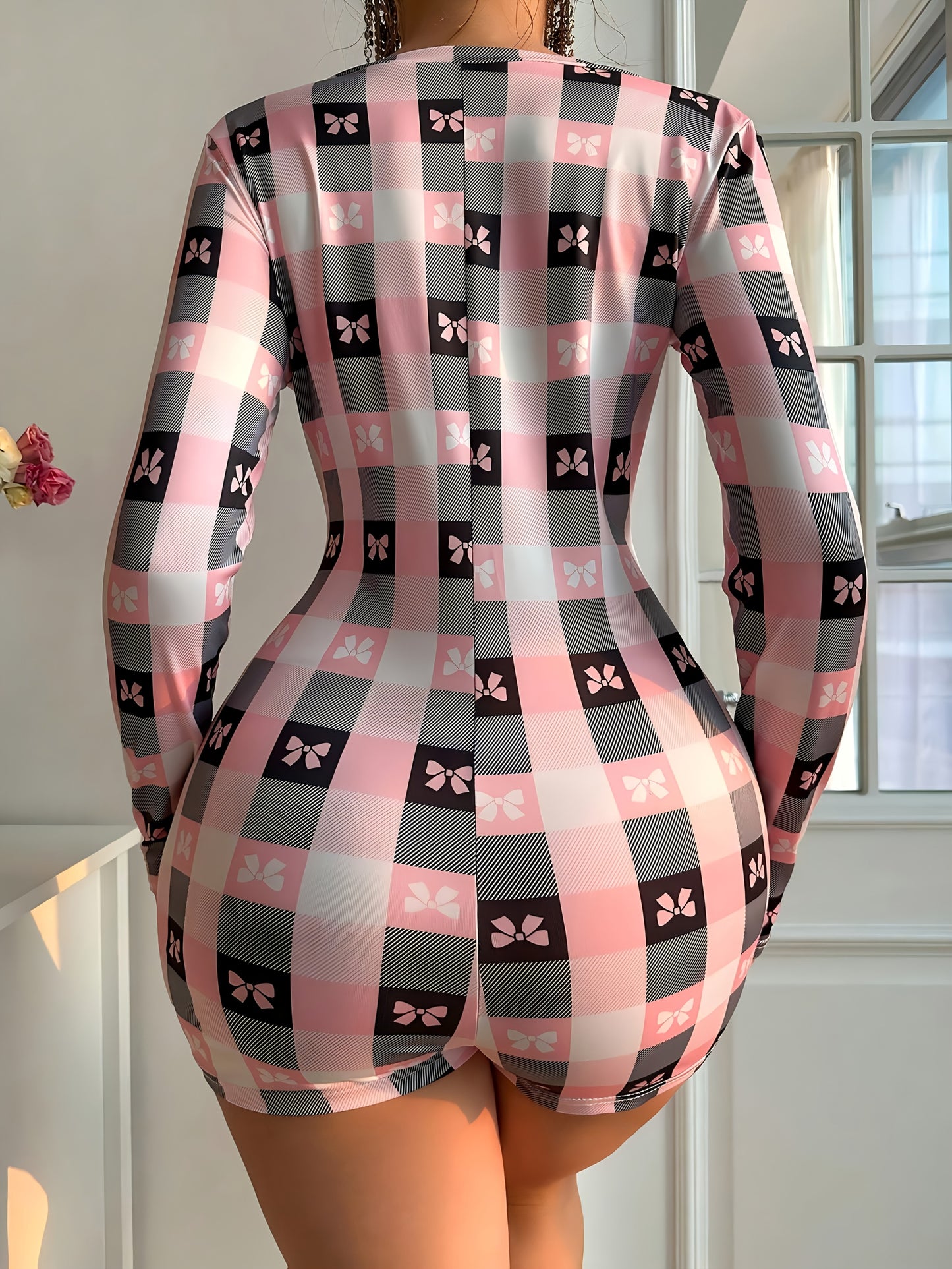Women'S Shorts Jumpsuit with a Bow Print, Alluring Design Featuring a Deep V-Neck And Long Sleeves, Perfect for Casual Home Wear Or Street Outings, Ideal for a Feminine Date, Trendy Street Outfit.